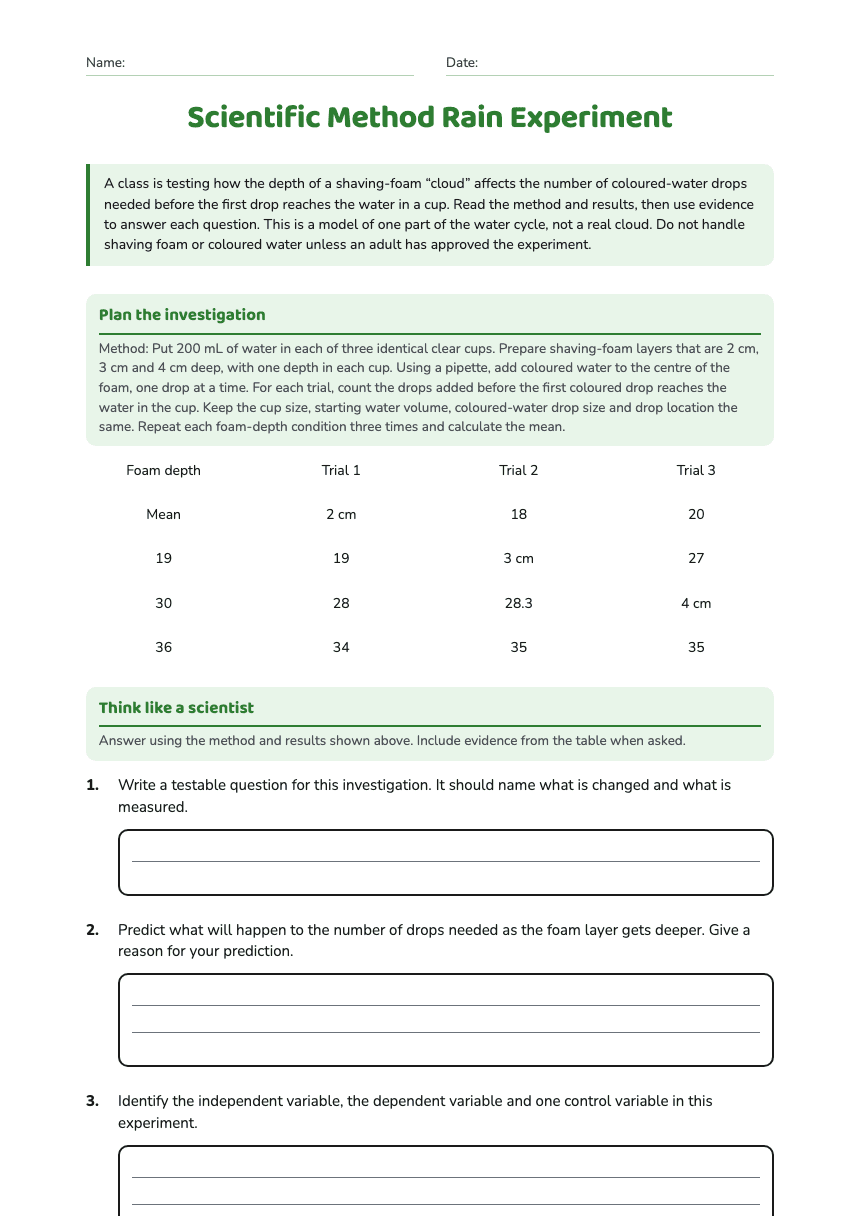 Scientific Method Rain Experiment worksheet preview