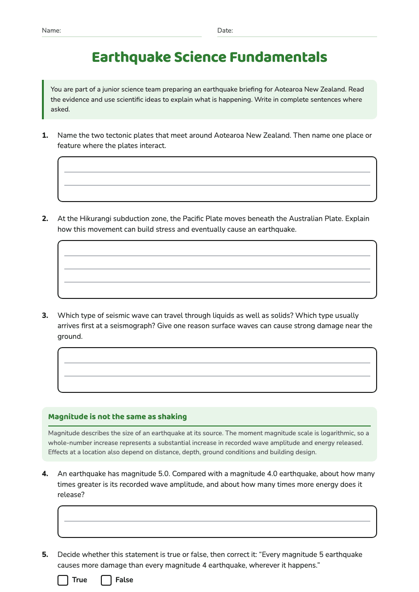 Earthquake Science Fundamentals worksheet preview