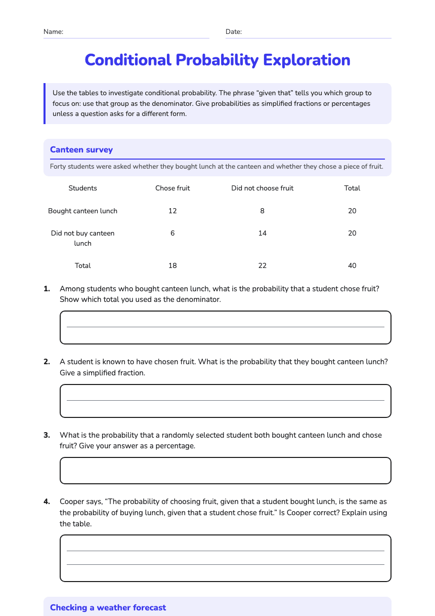 Conditional Probability Exploration worksheet preview