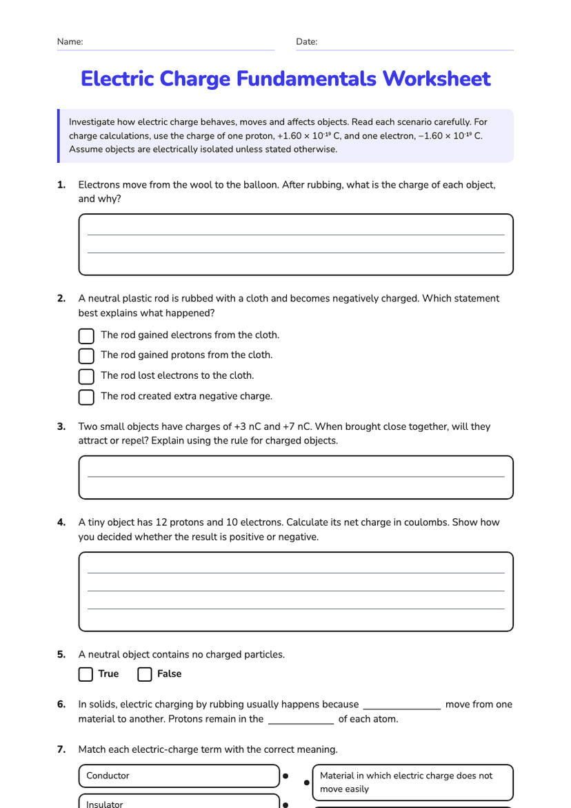 Electric Charge Fundamentals Worksheet