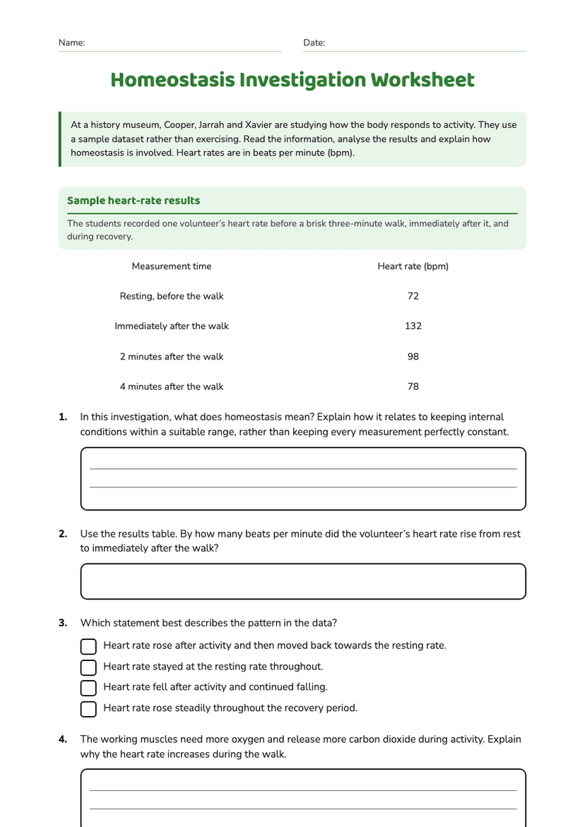 Homeostasis Investigation Worksheet