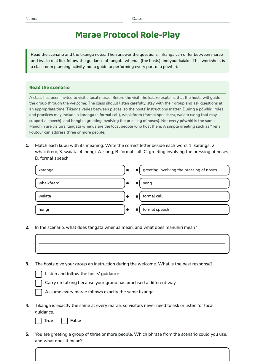 Marae Protocol Role-Play worksheet preview
