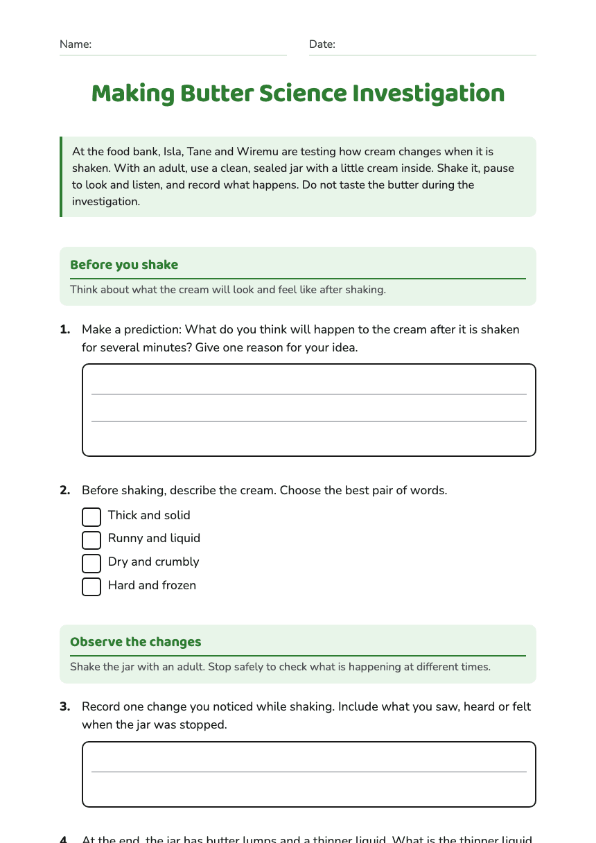 Making Butter Science Investigation worksheet preview