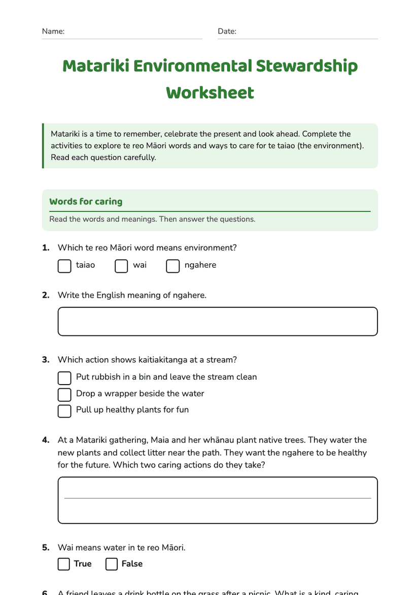 Matariki Environmental Stewardship Worksheet