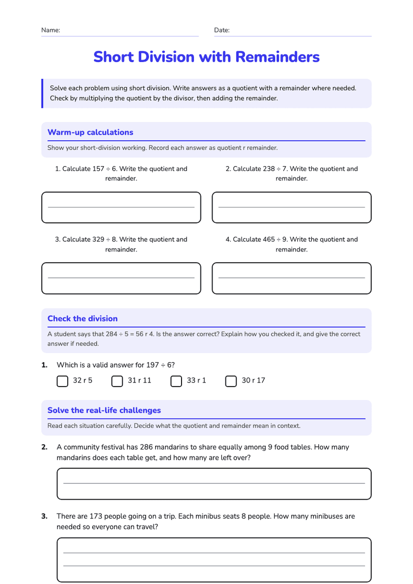 Short Division with Remainders