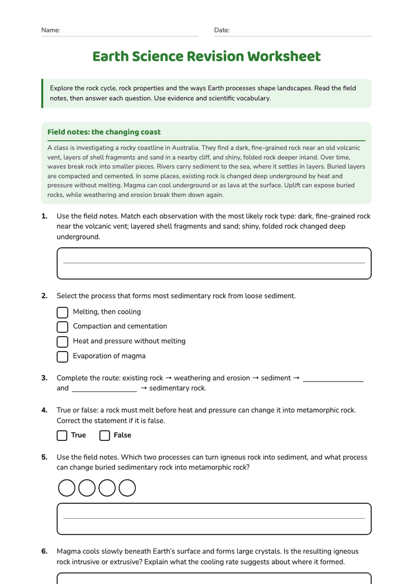 Earth Science Revision Worksheet