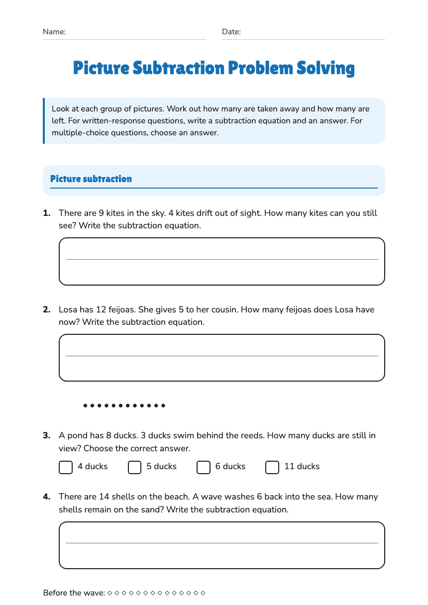 Picture Subtraction Problem Solving worksheet preview