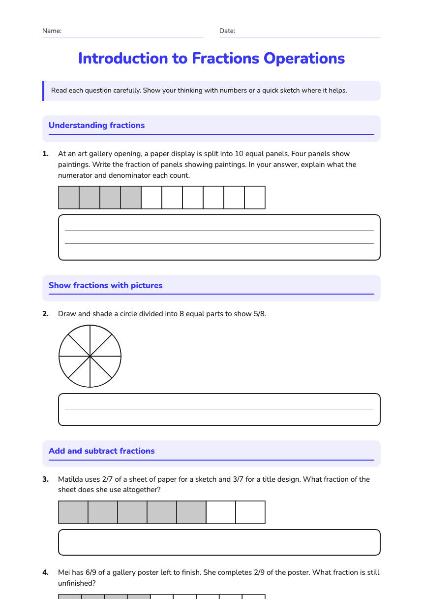 Introduction to Fractions Operations worksheet preview