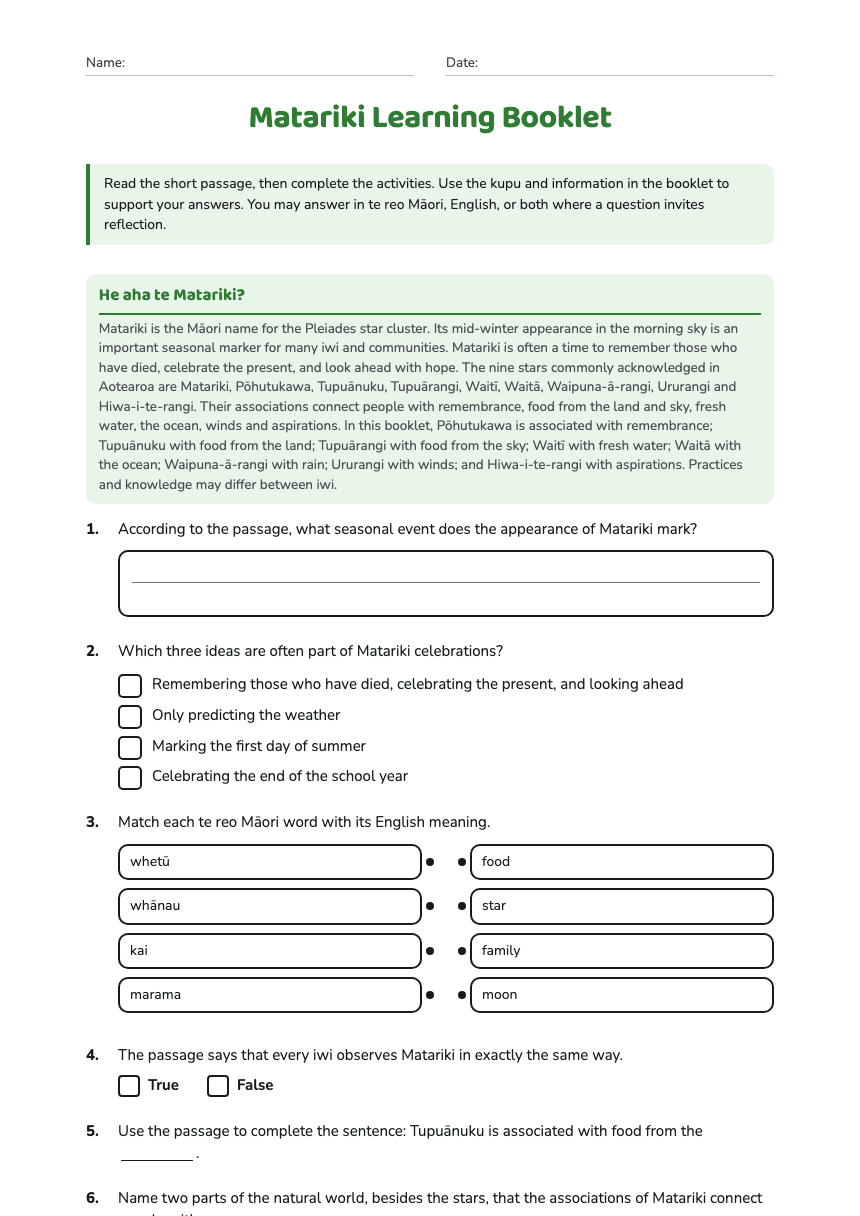 Matariki Learning Booklet worksheet preview