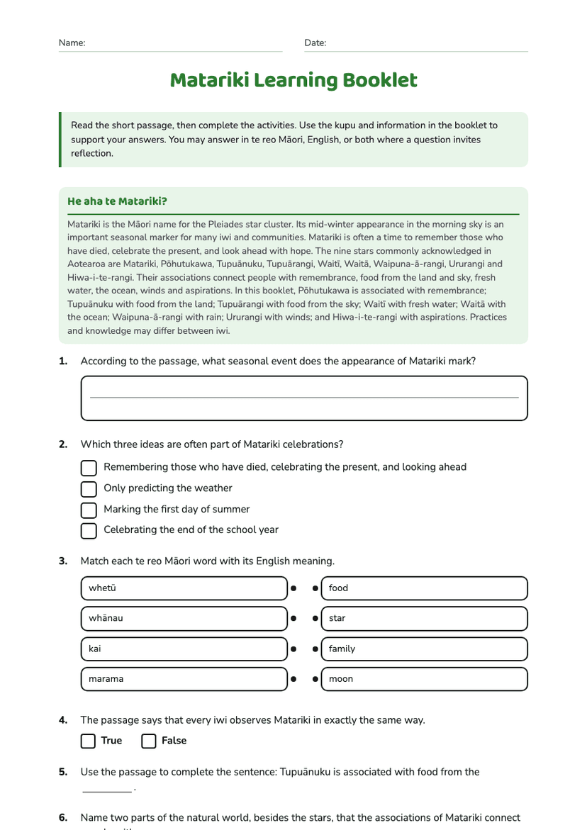 Matariki Learning Booklet