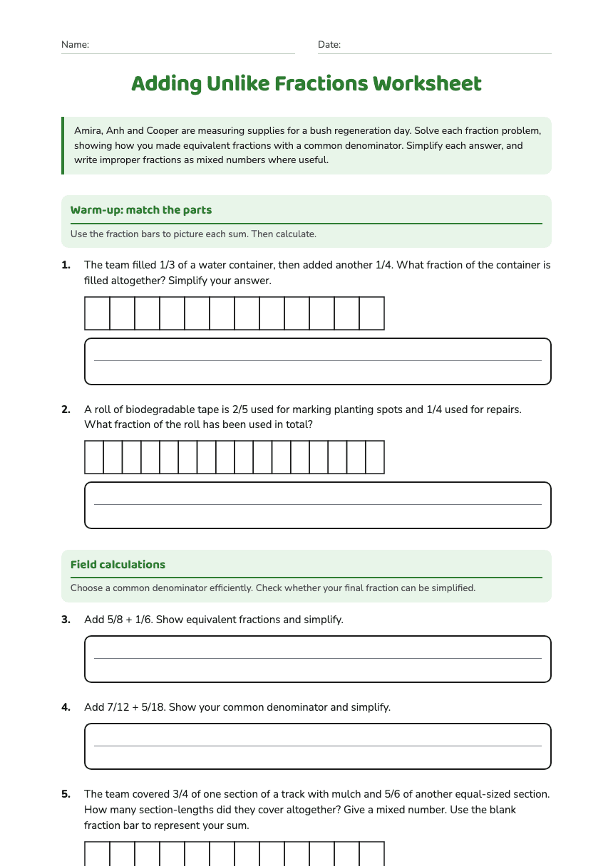 Adding Unlike Fractions Worksheet worksheet preview