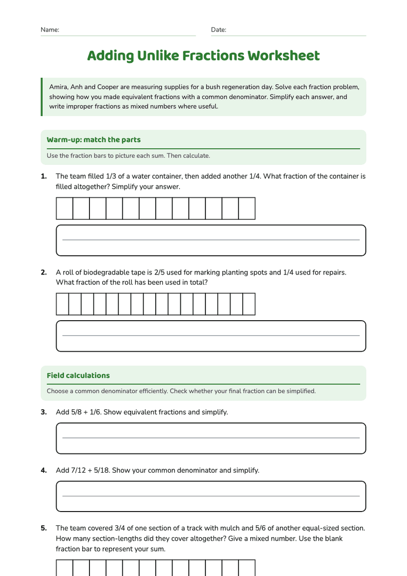 Adding Unlike Fractions Worksheet