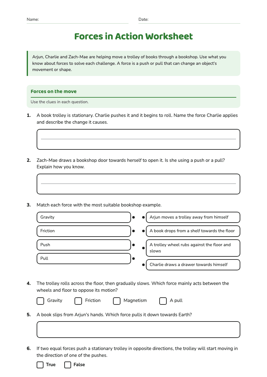 Forces in Action Worksheet worksheet preview