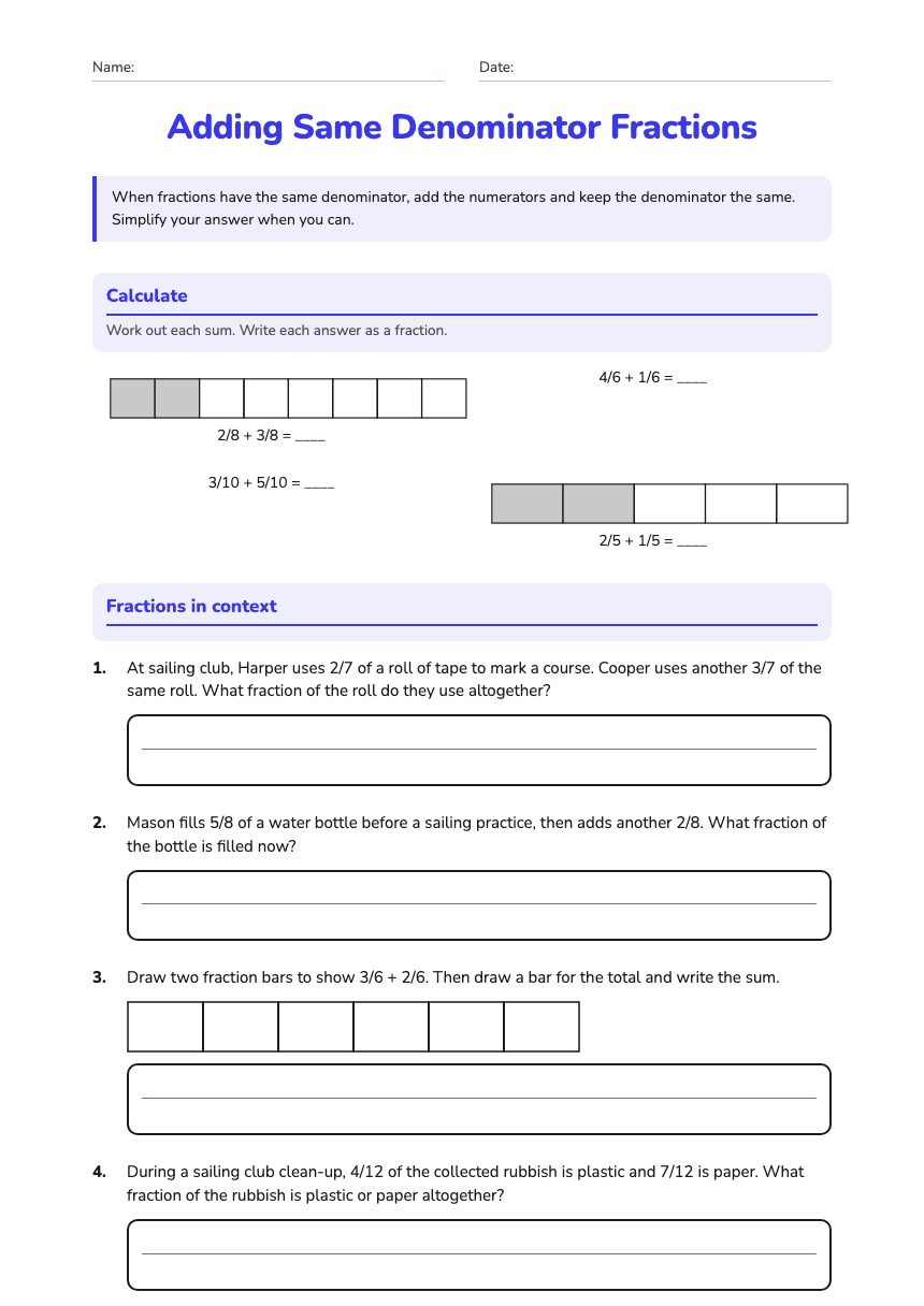 Adding Same Denominator Fractions worksheet preview