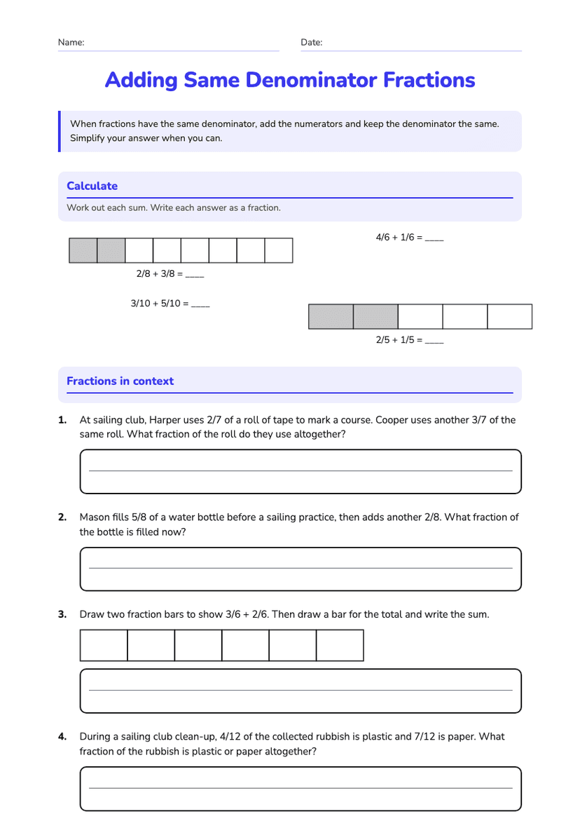 Adding Same Denominator Fractions