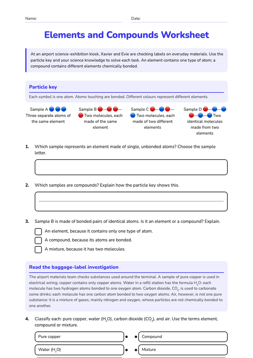Elements and Compounds Worksheet
