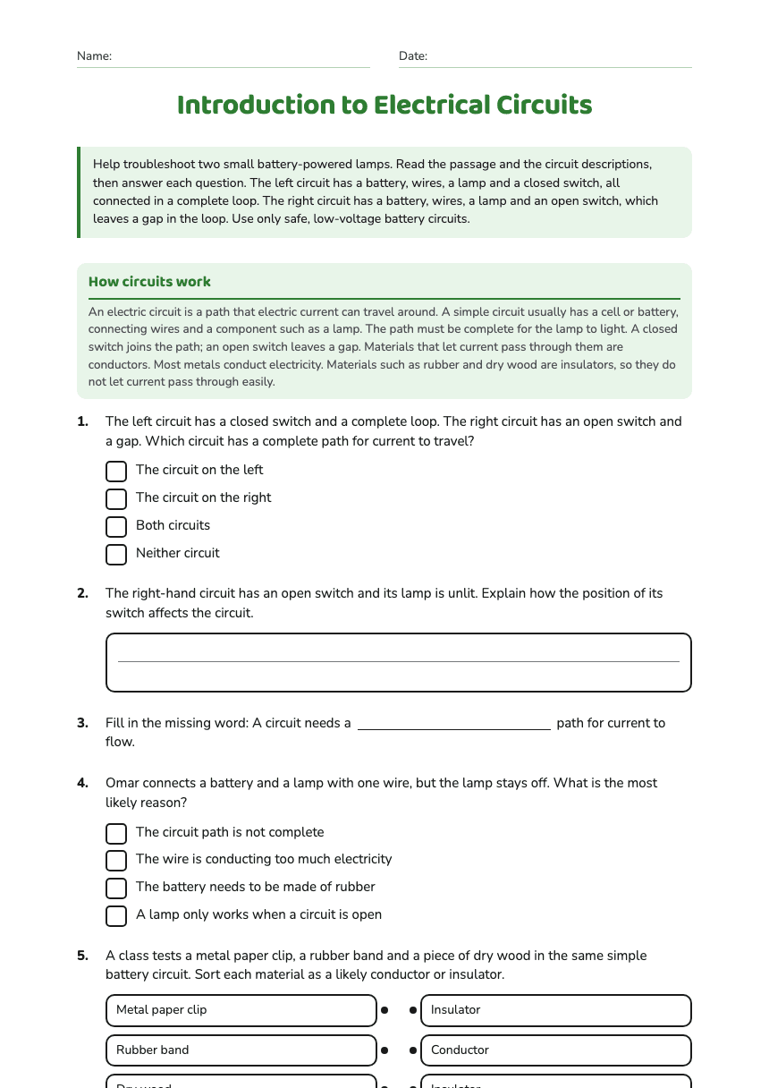 Introduction to Electrical Circuits worksheet preview