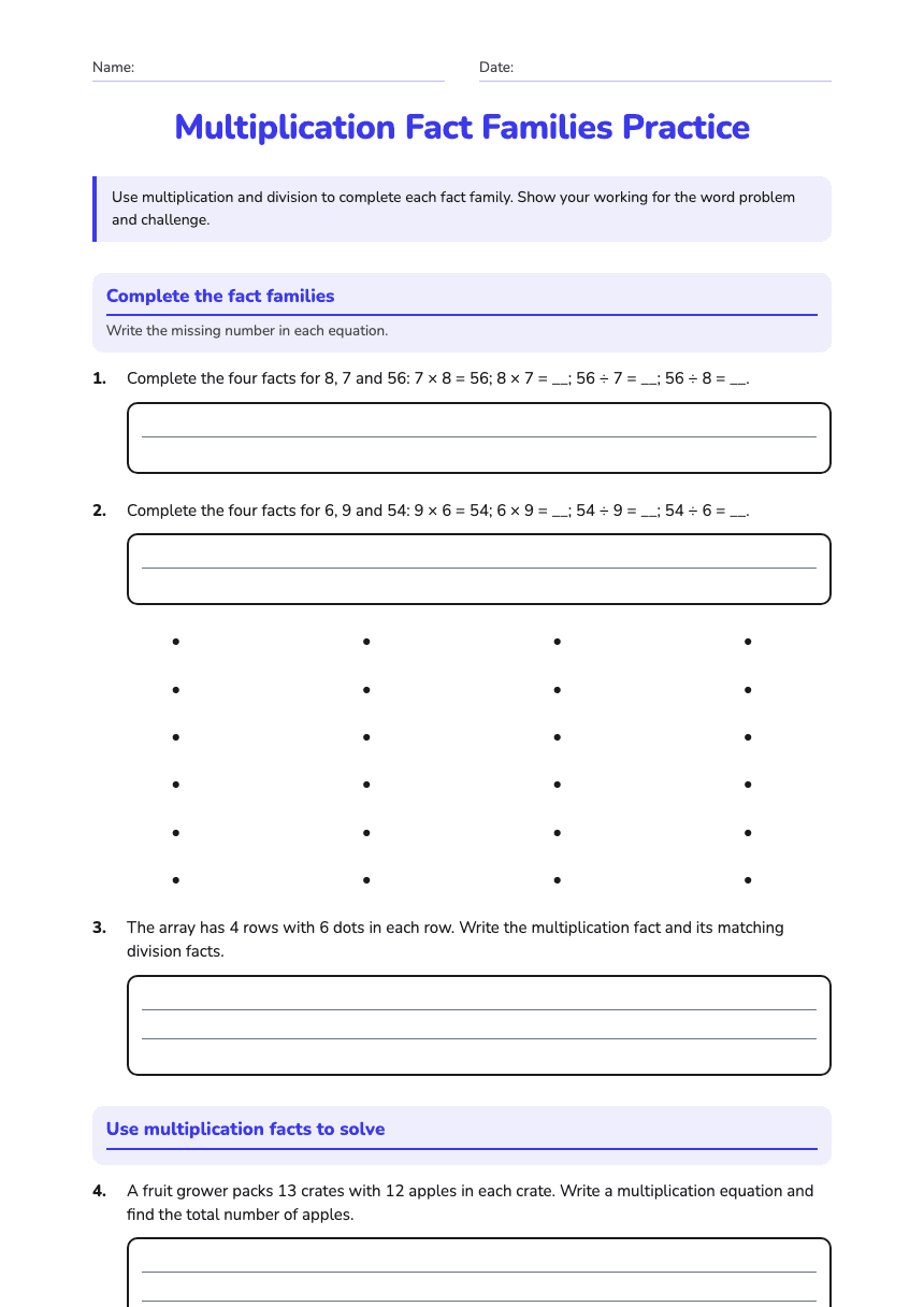 Multiplication Fact Families Practice worksheet preview