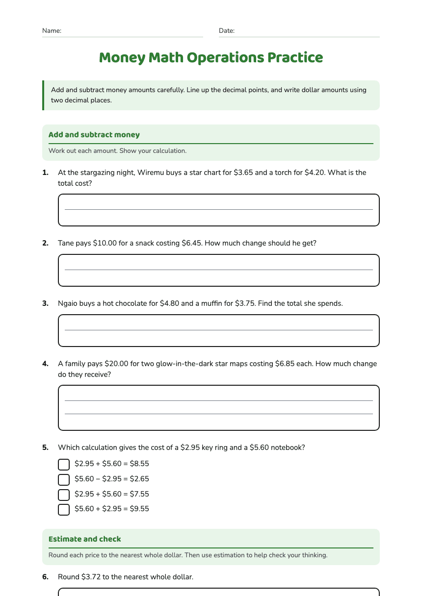 Money Math Operations Practice worksheet preview