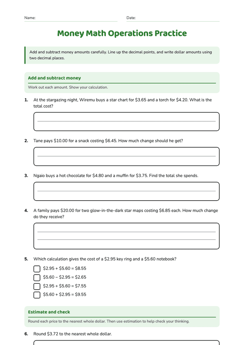 Money Math Operations Practice