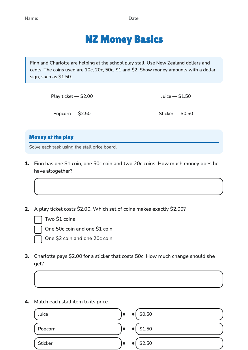 NZ Money Basics worksheet preview