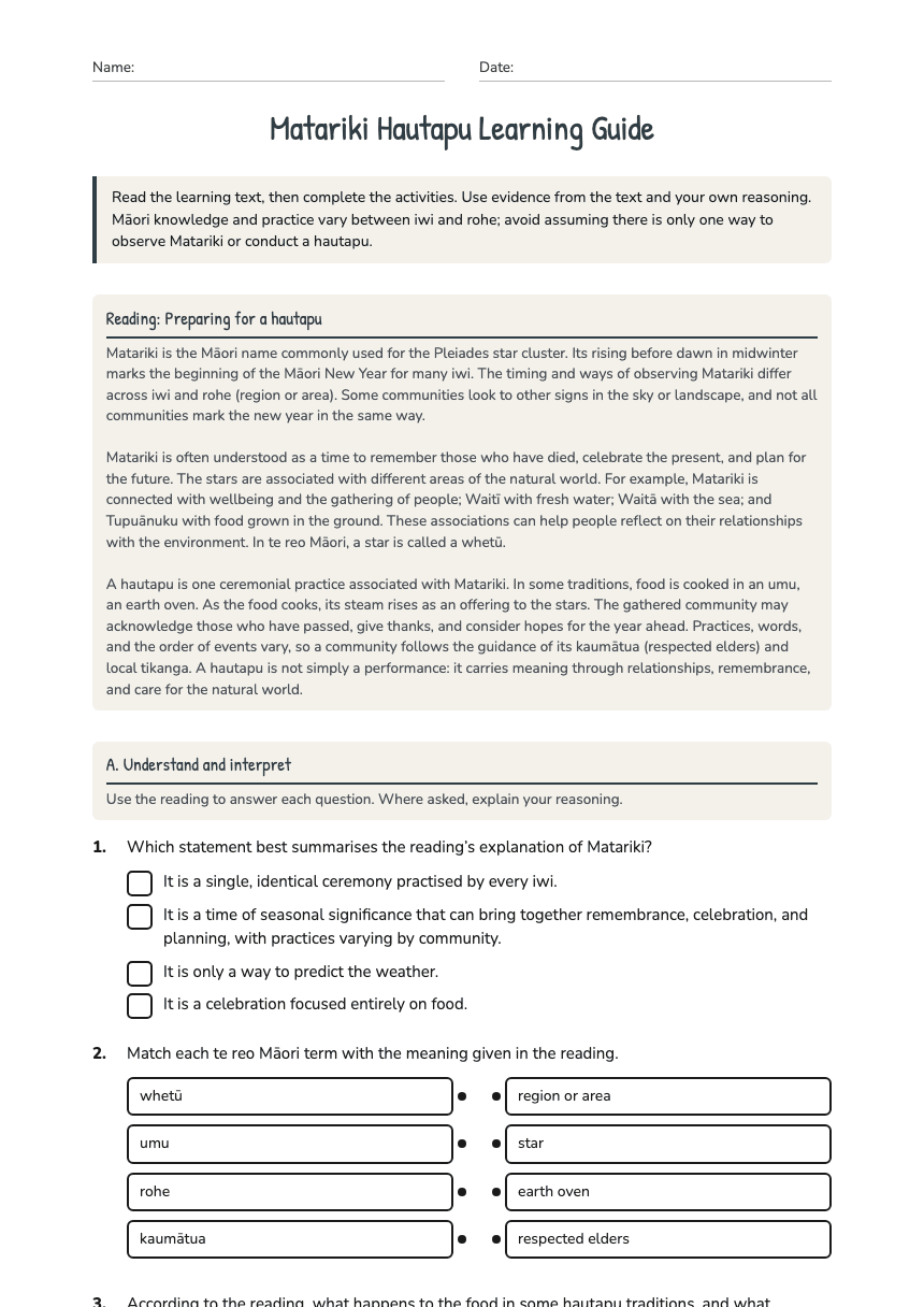 Matariki Hautapu Learning Guide worksheet preview