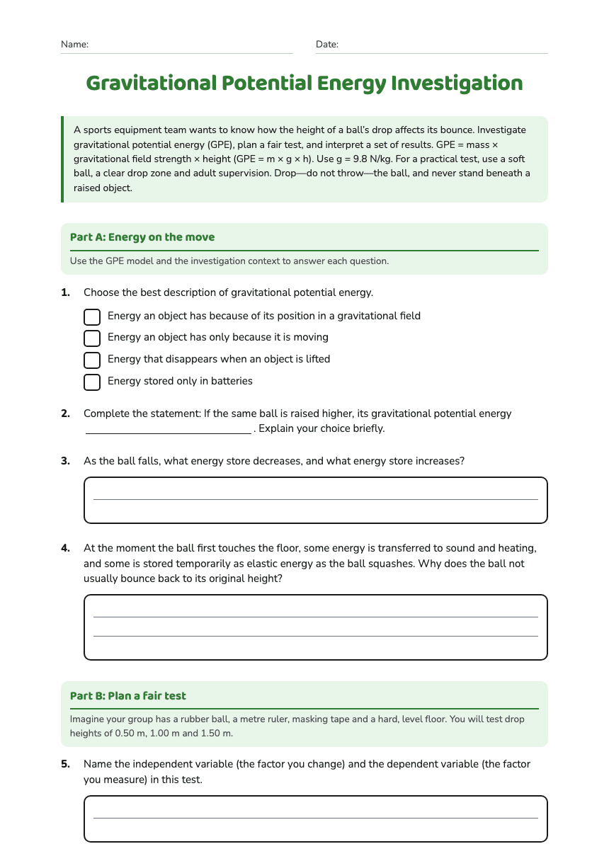 Gravitational Potential Energy Investigation worksheet preview