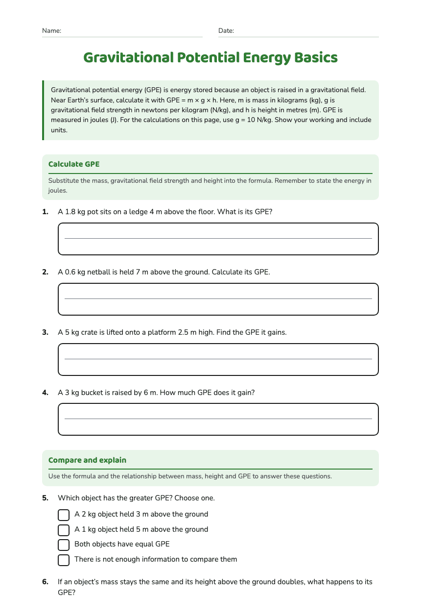 Gravitational Potential Energy Basics worksheet preview