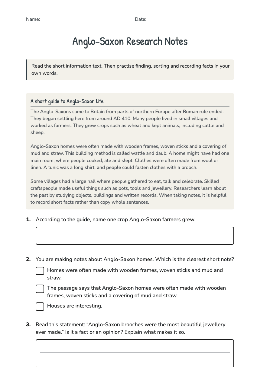 Anglo-Saxon Research Notes worksheet preview