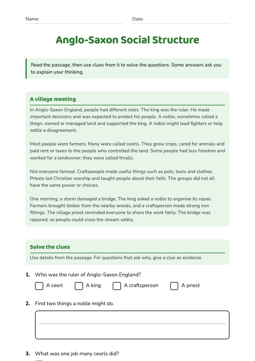 Anglo-Saxon Social Structure worksheet preview