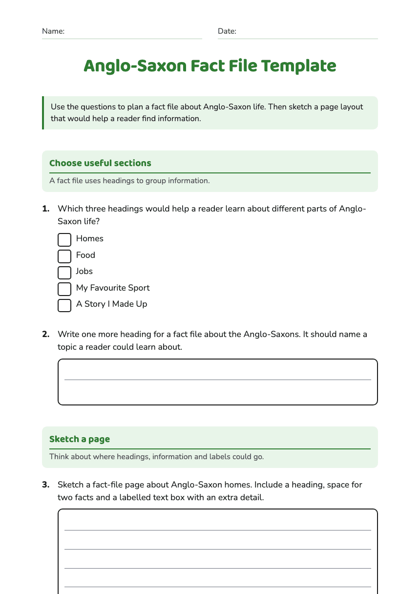 Anglo-Saxon Fact File Template worksheet preview