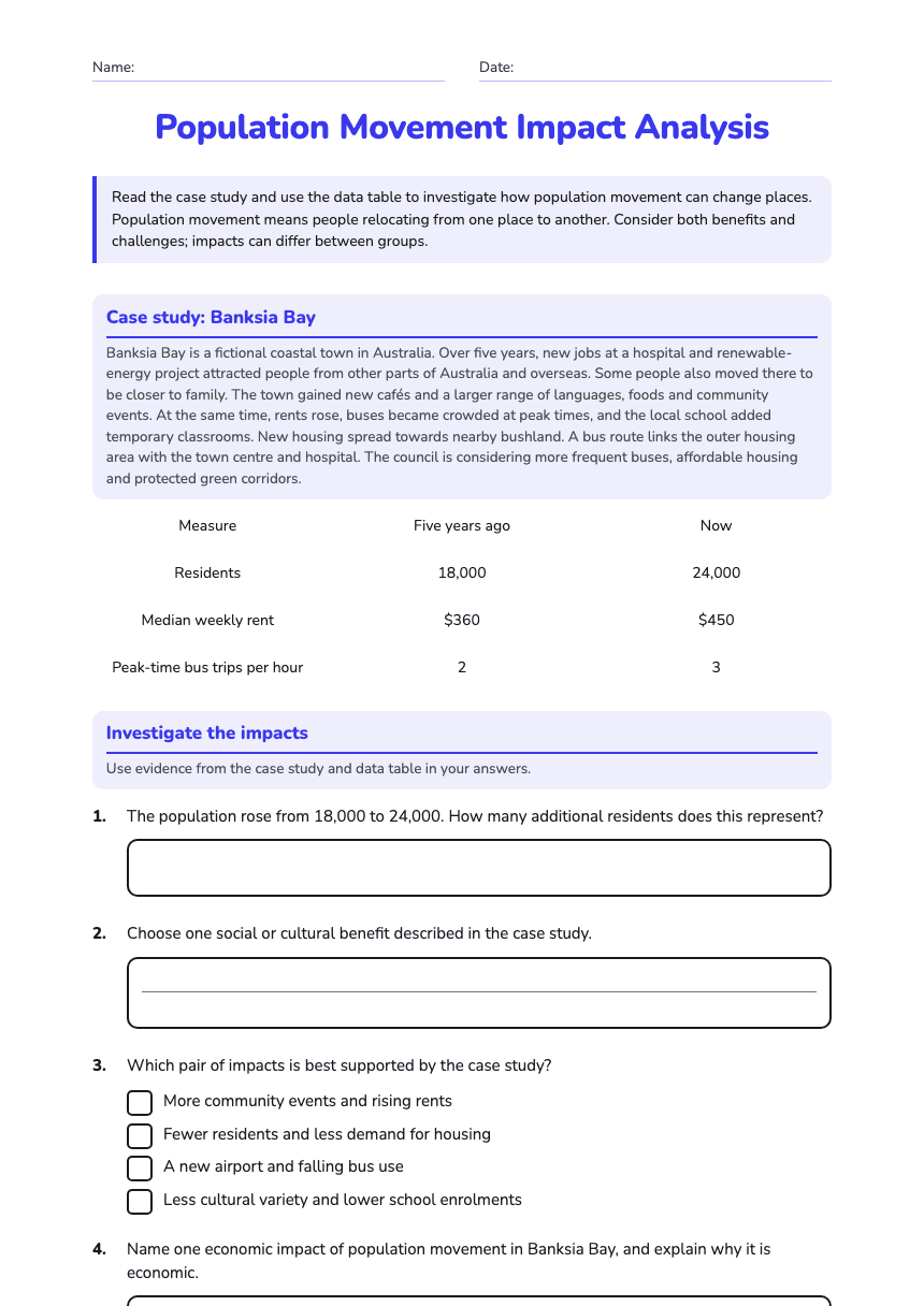 Population Movement Impact Analysis worksheet preview