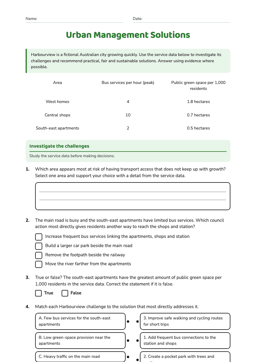 Urban Management Solutions worksheet preview