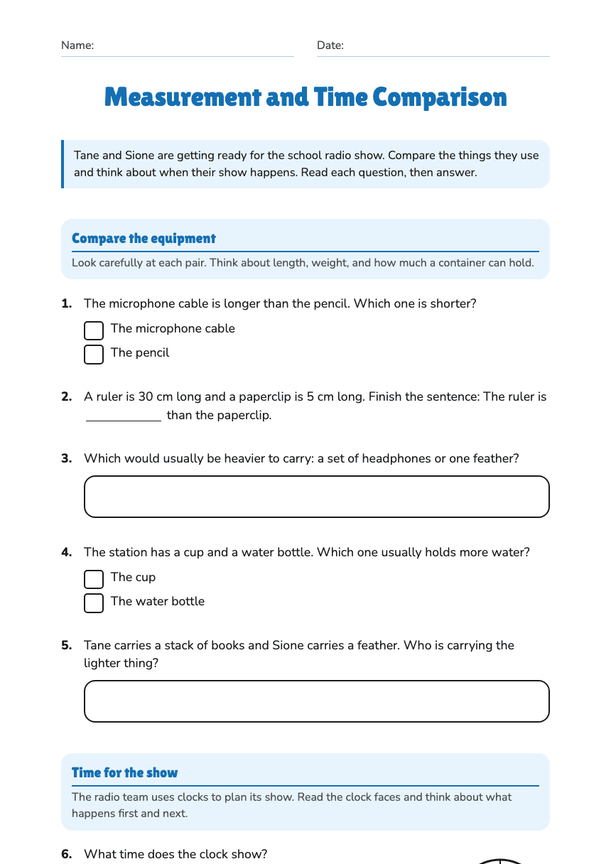 Measurement and Time Comparison worksheet preview