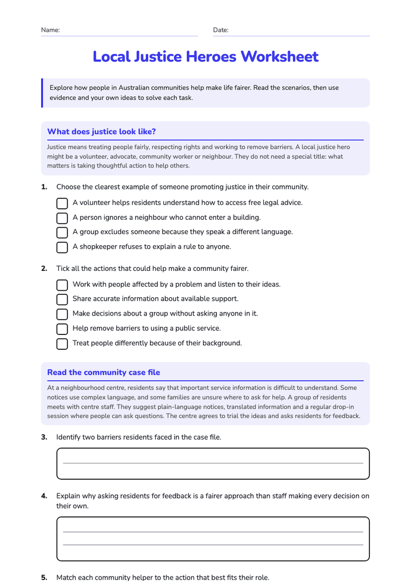 Local Justice Heroes Worksheet
