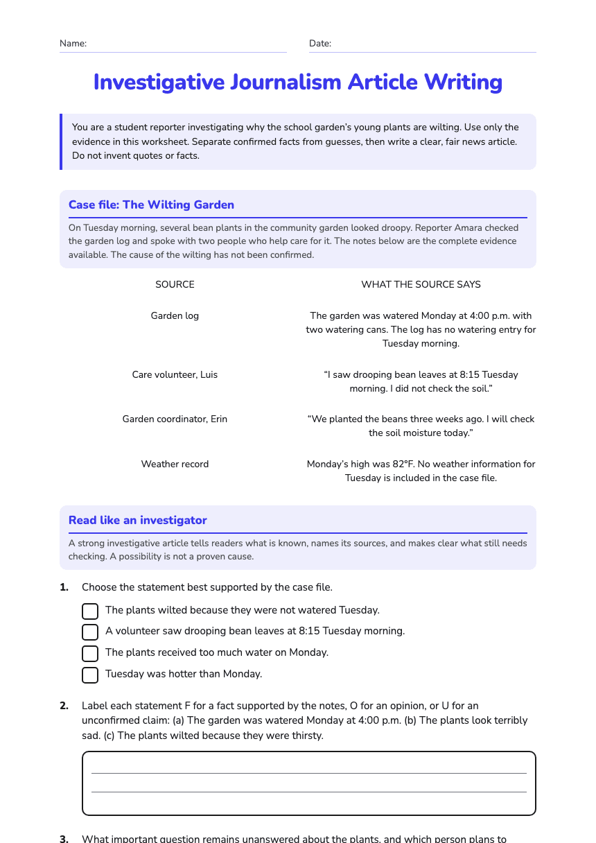 Investigative Journalism Article Writing worksheet preview
