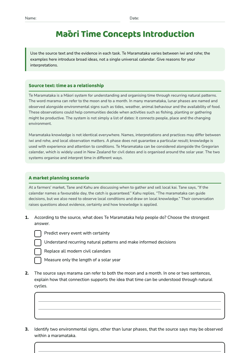 Māori Time Concepts Introduction worksheet preview