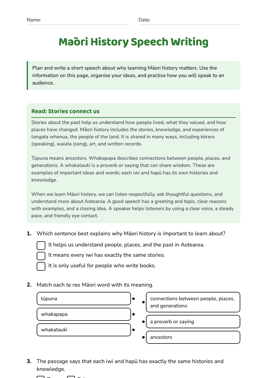 Māori History Speech Writing worksheet preview