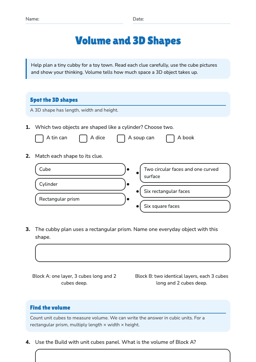 Volume and 3D Shapes worksheet preview