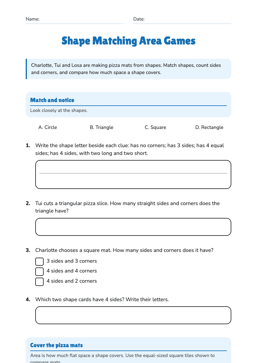 Shape Matching Area Games worksheet preview