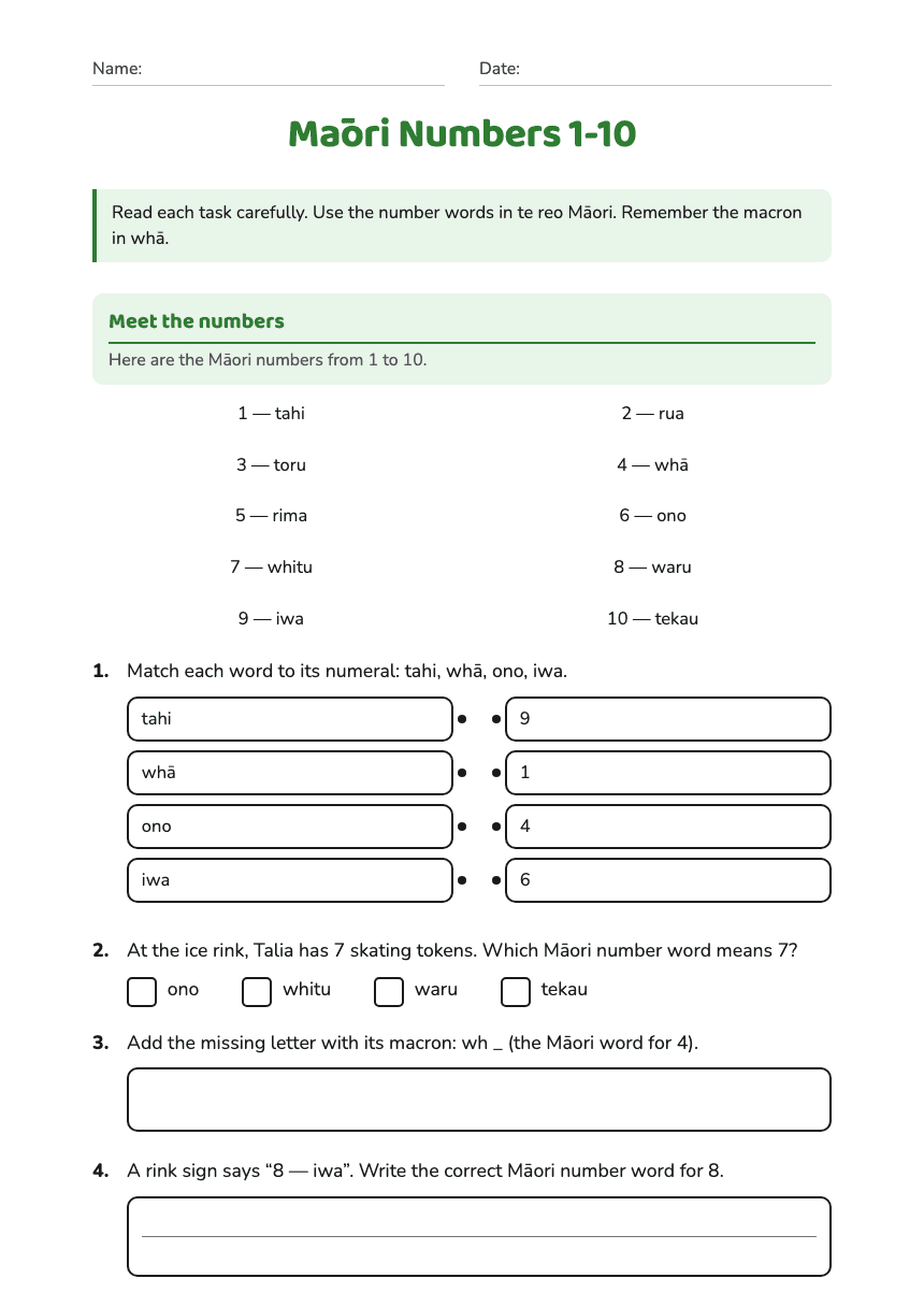 Māori Numbers 1-10 worksheet preview