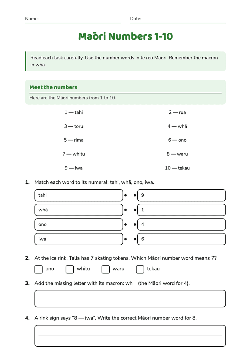 Māori Numbers 1-10