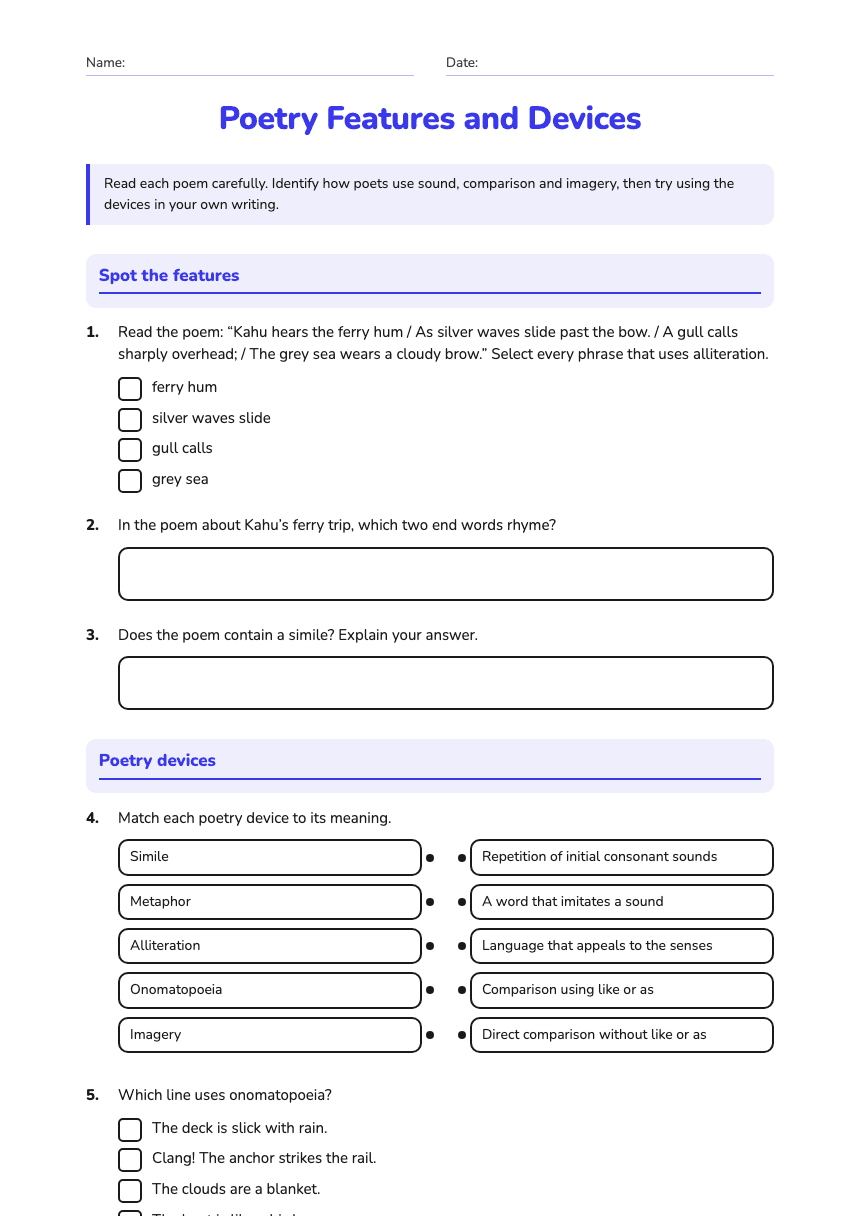 Poetry Features and Devices worksheet preview