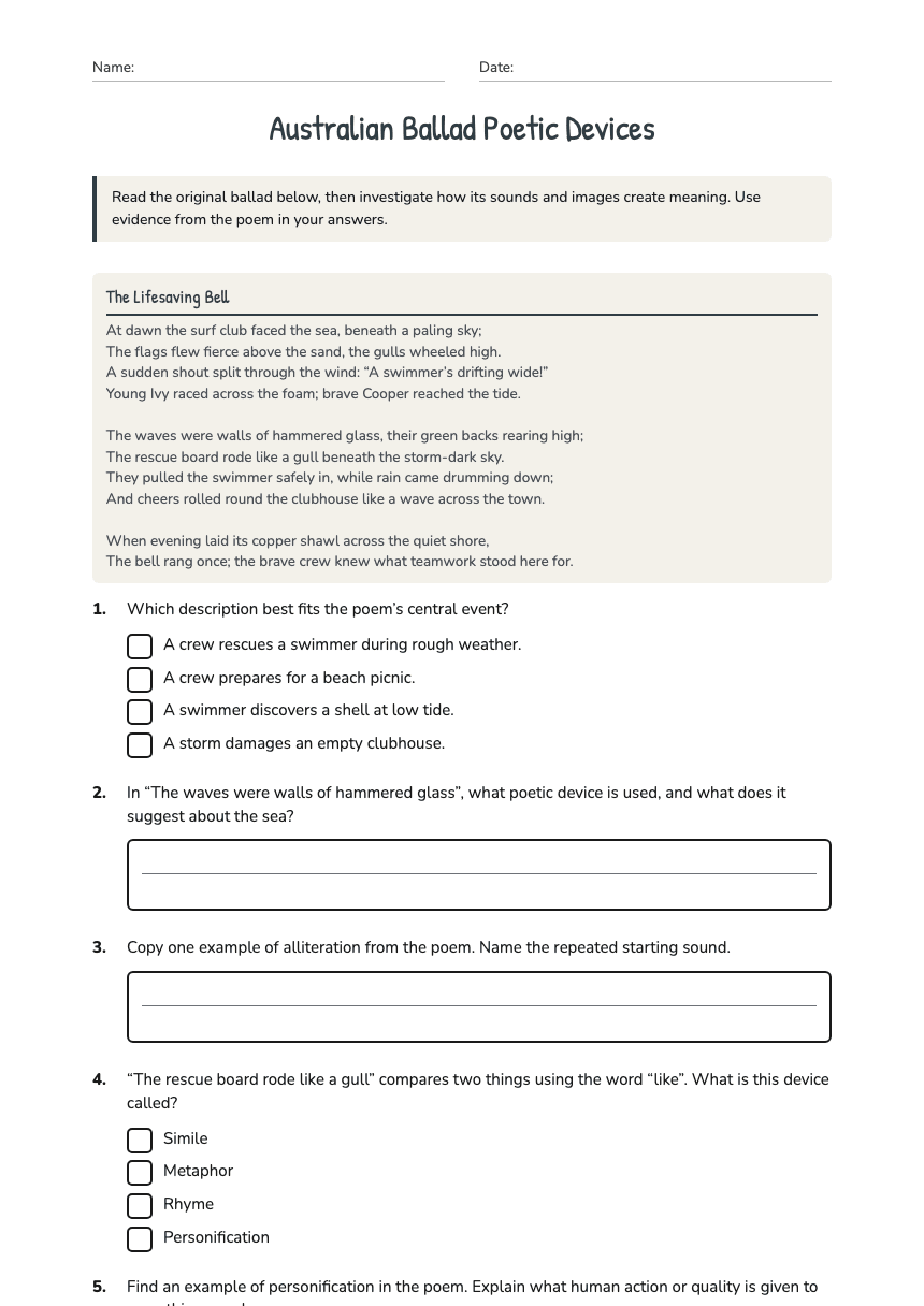 Australian Ballad Poetic Devices worksheet preview