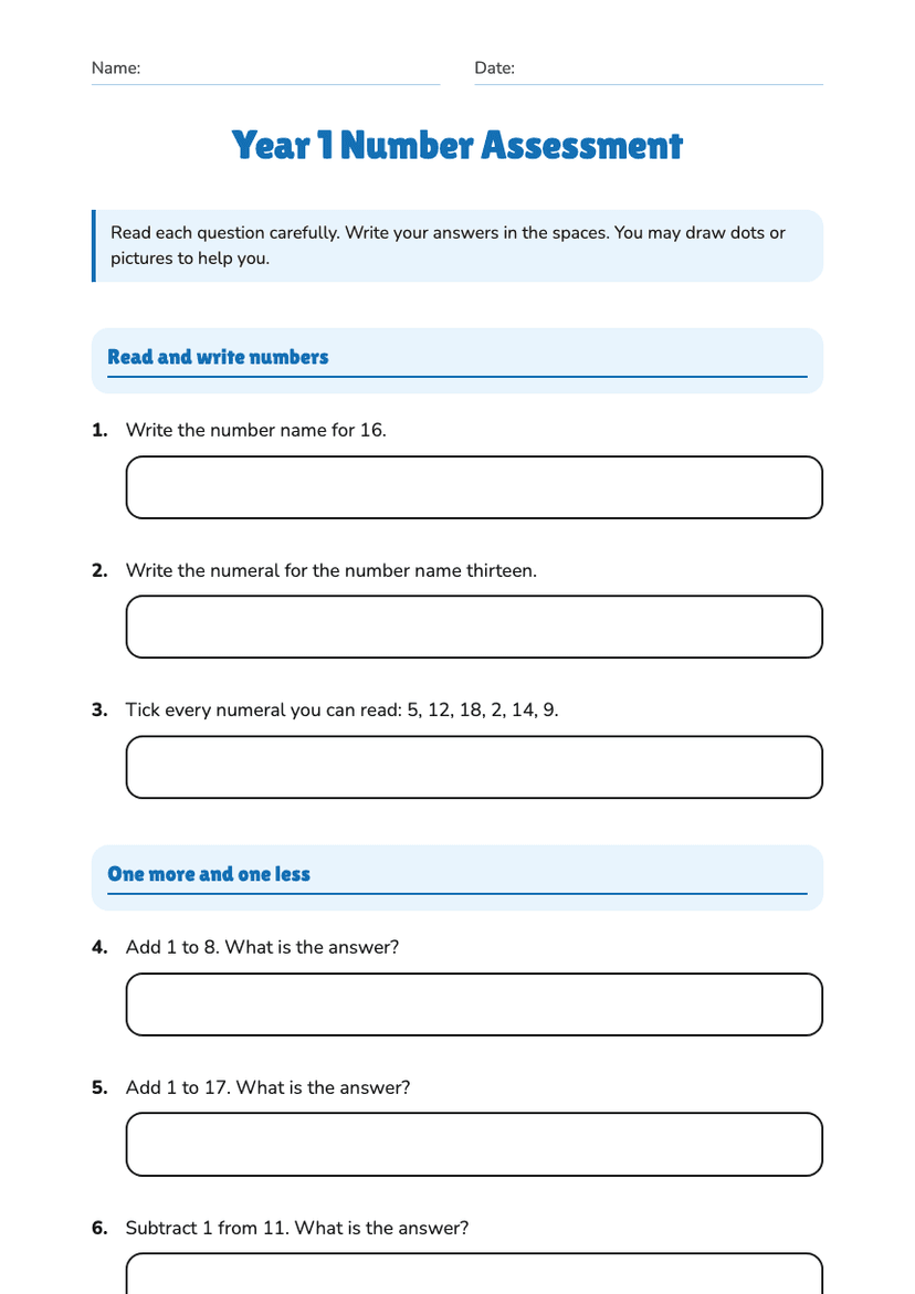 Year 1 Number Assessment