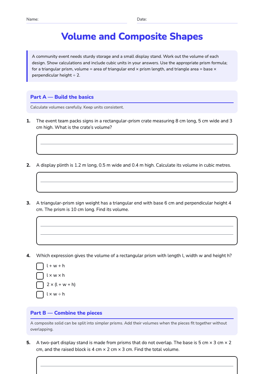Volume and Composite Shapes worksheet preview