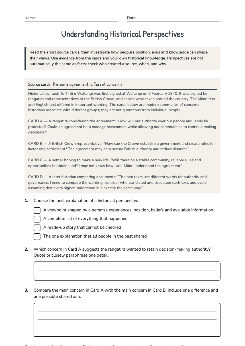 Understanding Historical Perspectives worksheet preview