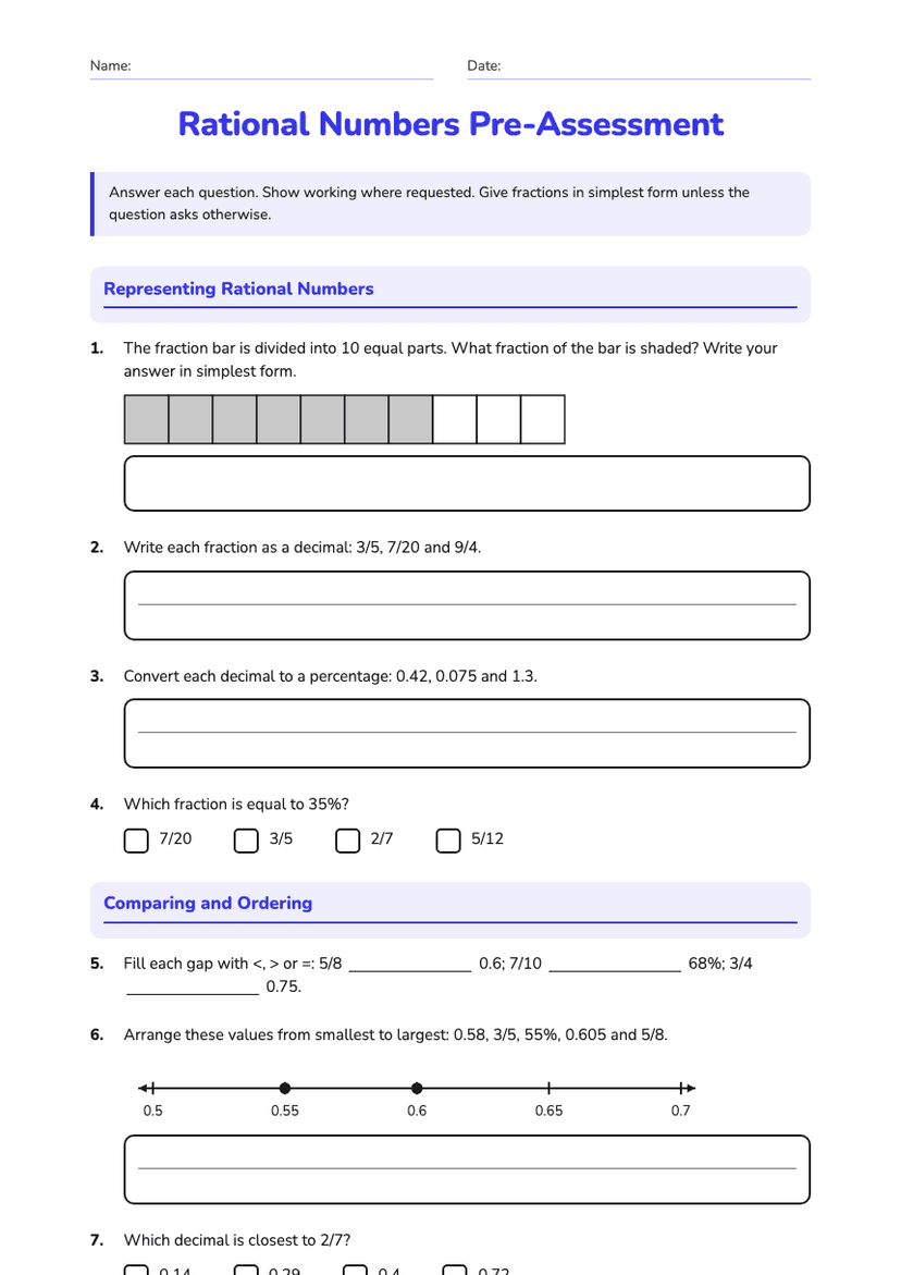 Rational Numbers Pre-Assessment