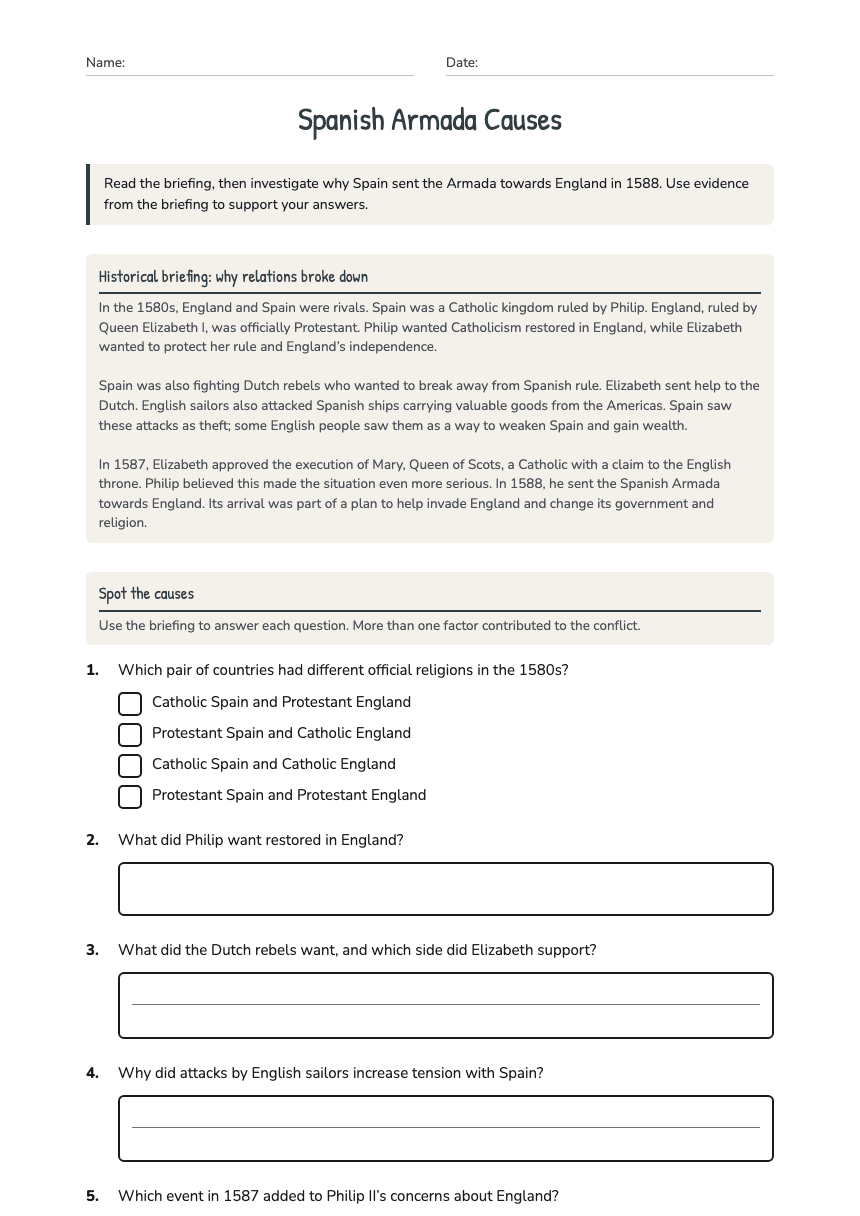 Spanish Armada Causes worksheet preview