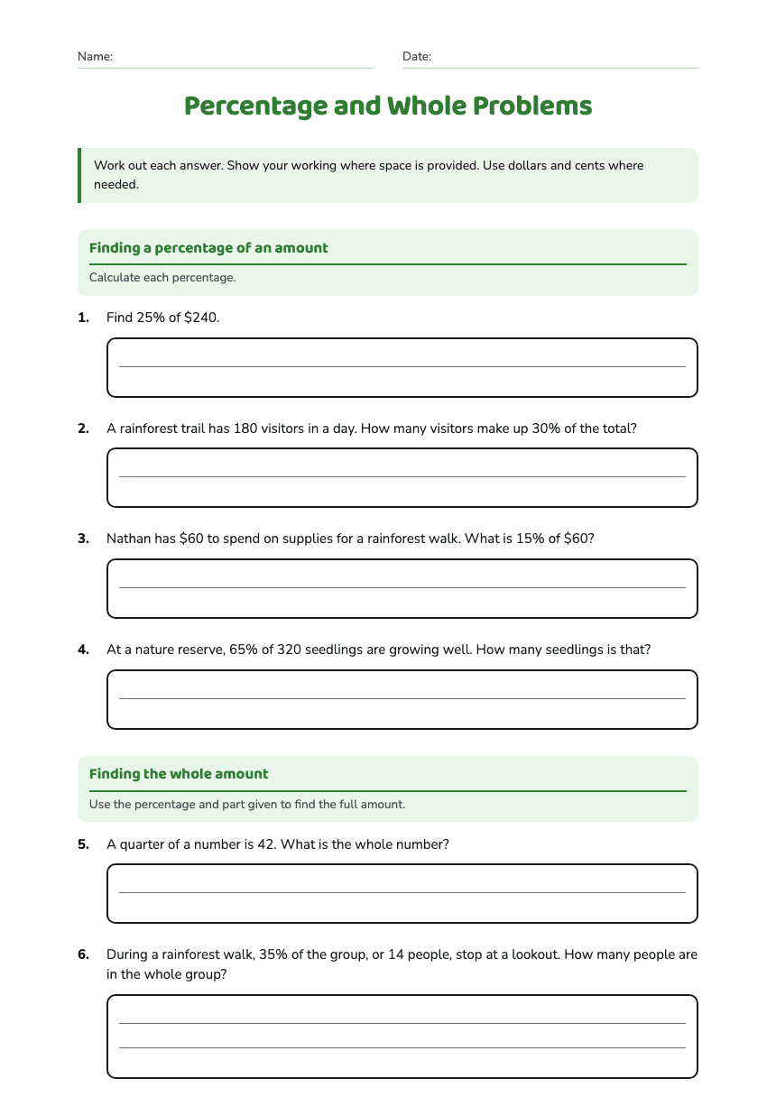 Percentage and Whole Problems worksheet preview